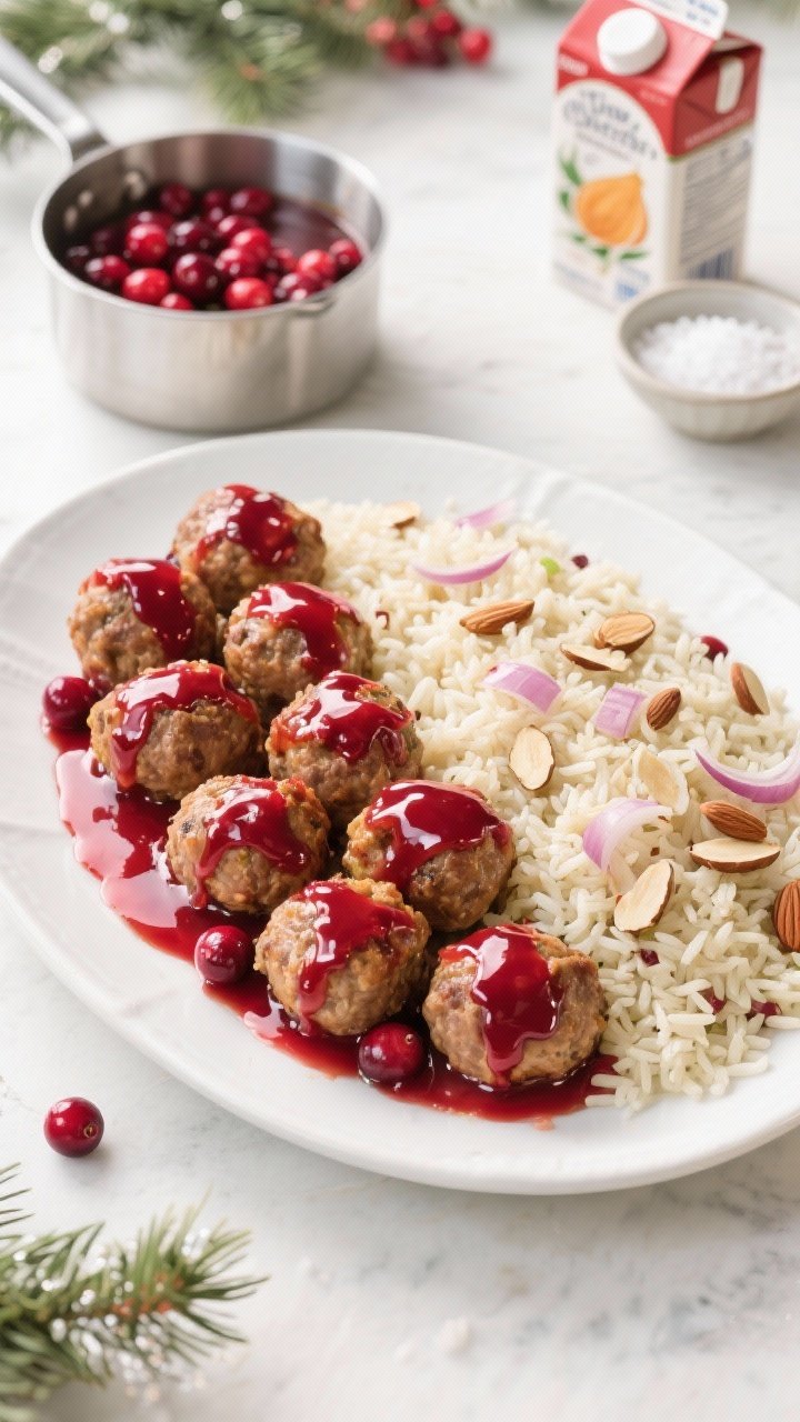Overhead festive scene: cranberry-glazed turkey meatballs arranged on one side of a large shallow platter, shiny ruby glaze pooling slightly; on the other side, fluffy almond pilaf with long-grain rice, toasted sliced almonds, and flecks of finely chopped onion; a small saucepan of extra cranberry glaze, chicken broth carton, and a pinch bowl of salt nearby; clean, bright holiday styling.