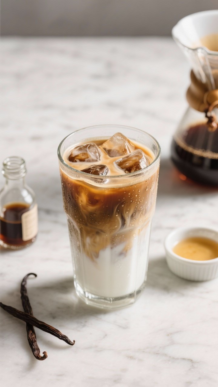 Overhead flat-lay of a Lightning-Fast Iced Vanilla Latte: a tall clear glass filled with ice, layered with 1/2 cup strong brewed coffee or 1–2 shots espresso and 3/4 cup cold milk, subtle swirl where the milk meets the coffee, ribbons of condensation on the glass. Include a small glass bottle of vanilla syrup (or a vanilla bean and a ramekin of simple syrup) nearby, coffee dripper or espresso cup in background, neutral marble surface, soft morning light, clean café aesthetic, crisp focus on the glass, shallow depth of field on background props.