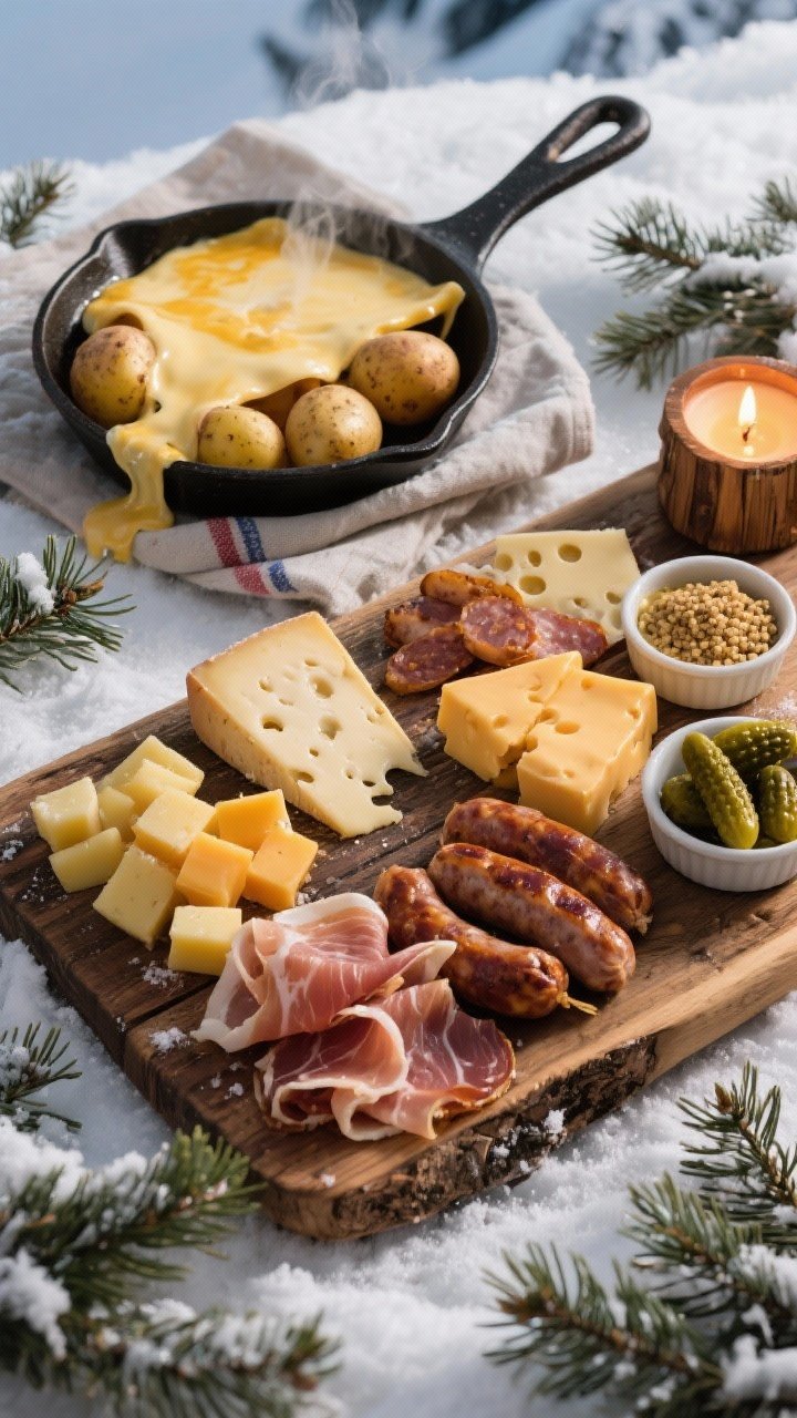 Overhead flat-lay of an Alpine après-ski charcuterie spread on a rustic wooden board near a small cast-iron raclette pan with melty raclette cascading over tiny boiled potatoes; thin wedges of aged Gruyère, cubes of smoked gouda, loosely folded speck/prosciutto, sliced smoked sausage or kielbasa with browned edges, cornichons and grainy mustard in small ramekins; snowy napkins, pine sprigs, and warm candlelight for a cozy chalet vibe; sharp, appetizing textures with glistening cheese melt and steam subtly visible.