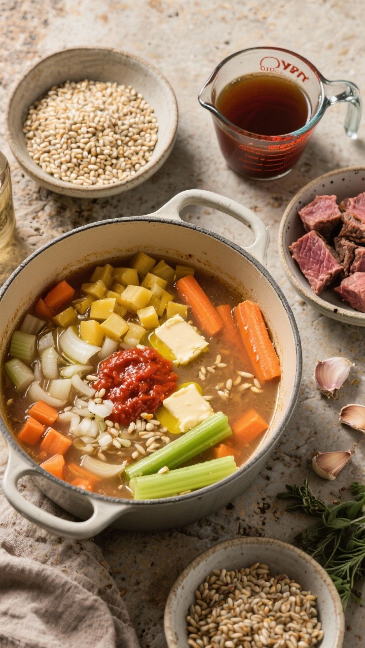 Overhead ingredient-focused cooking process shot for cozy prime rib barley soup: diced yellow onion, carrots, and celery sweating in a Dutch oven with olive oil and butter; tomato paste dolloped and streaked through, minced garlic scattered, pearled barley and cubed leftover prime rib ready in small bowls alongside; a measuring cup of rich beef stock (partially visible label “6 cups”) nearby; rustic neutrals with pops of orange and green, organized mise en place on a stone countertop.