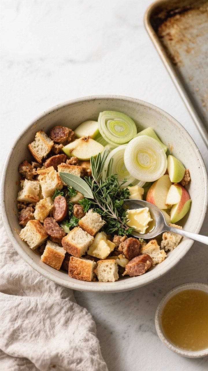 Overhead ingredient-to-prep transition for Herbed Sourdough Stuffing With Sausage, Apples, and Leeks: a large mixing bowl with toasted 1-inch sourdough cubes, browned crumbles of Italian sausage, buttery sautéed leeks (white and light green parts), diced tart apples, and chopped fresh herbs (sage, thyme, parsley). Dabs of melted unsalted butter ready to toss in, plus a ladle of stock at the side. Neutral linen and a sheet pan visible to suggest baking; bright, clean lighting to emphasize texture of the bread and the green herbs.