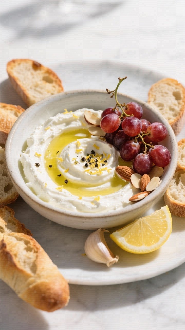 Overhead plated dip spread: a swoosh of creamy garlic whipped feta (feta + Greek yogurt) in a low, wide bowl, topped with olive oil drizzle, lemon zest, and a sprinkle of cracked pepper; clusters of roasted red grapes on the vine and toasted almond slivers scattered over and around; lemon wedge and a small garlic clove staged nearby; toasted baguette slices encircling the bowl; bright, clean light for a modern Mediterranean vibe.