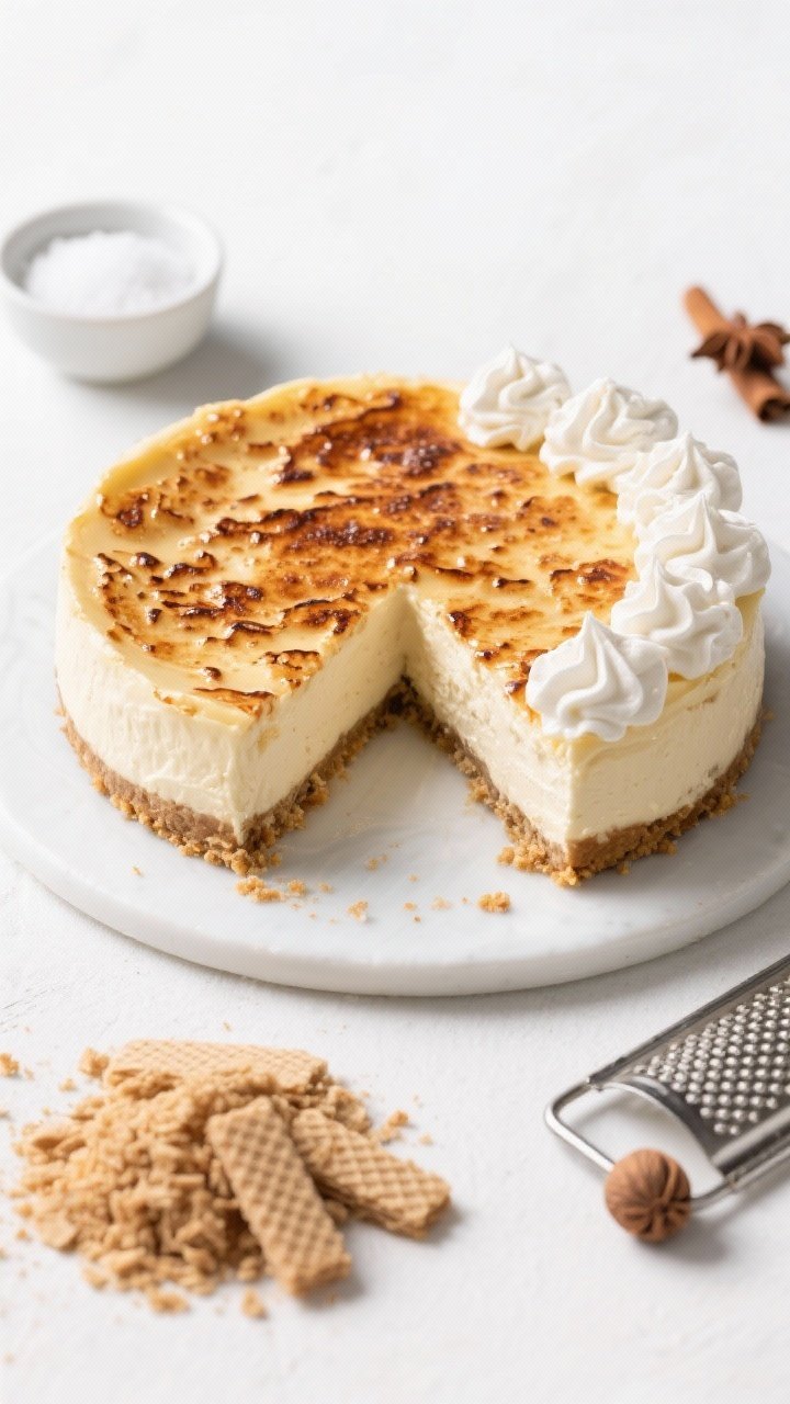 Overhead plated final of Eggnog Brûlée Cheesecake With Nutmeg Whip: a full cheesecake with vanilla wafer crumb crust, the top torched to a crackly brûlée glass with scattered caramelized sugar blisters, sliced to reveal creamy eggnog-hued interior. Each slice topped with a cloud of nutmeg whip (soft peaks, speckled with freshly grated nutmeg). Surround with a small bowl of extra granulated sugar for brûlée, a mound of vanilla wafer crumbs, and a microplane with whole nutmeg. Elegant holiday styling, cool-white background, balanced studio lighting to capture the brûlée shine and pillowy whip.