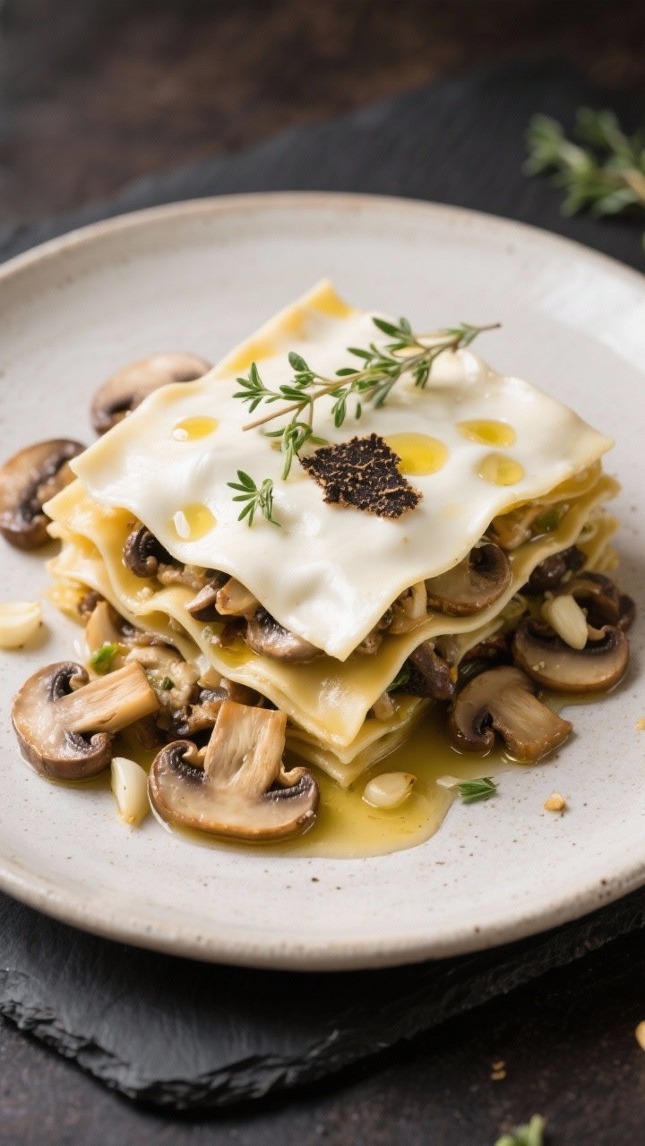Overhead plated scene of Mushroom Lasagna Bianca with a truffle kiss: neat slice showing creamy white béchamel layers, ribbons of oven-ready lasagna sheets, and abundant mixed mushrooms (cremini, shiitake, oyster) sautéed in olive oil and butter with minced garlic and fresh thyme; a light drizzle of truffle oil on top, tiny thyme leaves and a few golden, buttery mushroom slices scattered around; pale stoneware plate on dark slate for contrast, soft neutral lighting to highlight velvety textures.