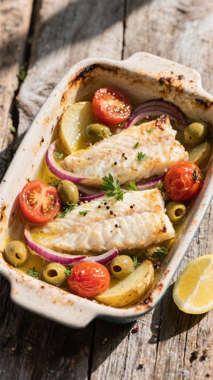 Overhead rustic baking dish of Baccalà al Forno with tomatoes and olives: soaked salt cod fillets nestled with 1/4-inch potato slices, thin red onion, halved cherry tomatoes, and briny mixed olives; olive oil glistening, edges caramelized, charred tomato skins and tender potatoes visible; flecks of parsley and cracked pepper, lemon wedge to the side; sunlit Mediterranean palette on a worn wooden table.