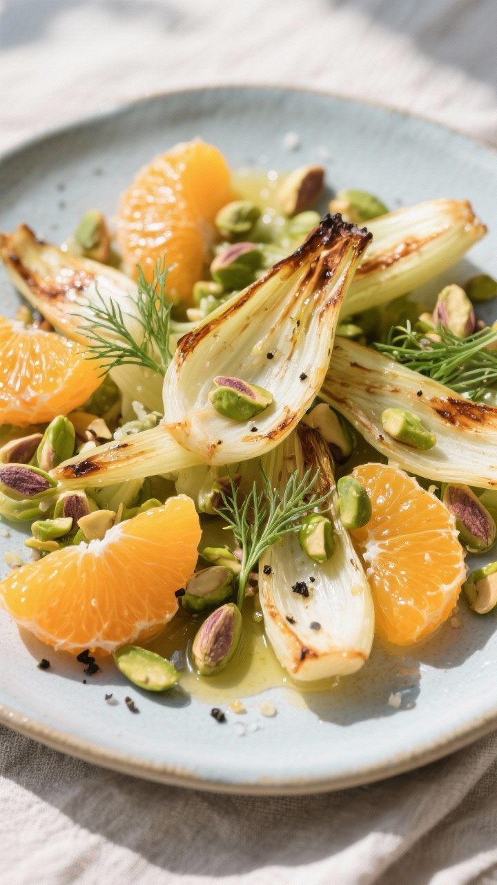 Overhead salad composition of roasted fennel and orange with pistachios: caramelized fennel wedges with browned edges, juicy orange supremes glistening, roughly chopped green pistachios scattered, fennel fronds for freshness; light olive oil sheen, crackles of sea salt and black pepper; arranged on a cool-toned ceramic platter over linen, crisp daylight to emphasize vibrant citrus and textures.