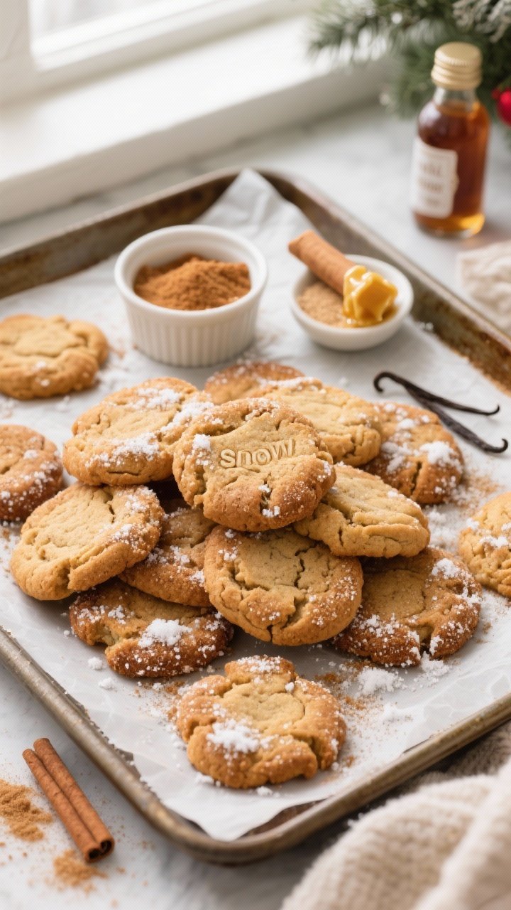 Overhead shot: freshly baked brown butter snickerdoodles piled on a parchment-lined baking sheet, their crackly cinnamon-sugar “snow” shimmer visible, warm golden-brown edges, a small bowl of cinnamon sugar nearby, a stick of browned butter in a ramekin showing toasty milk solids, vanilla extract bottle and granulated plus light brown sugar sprinkled around, soft window light, cozy holiday mood, shallow depth for cookie texture.