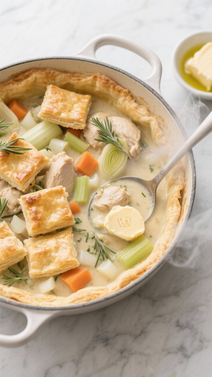 Overhead shot of a creamy chicken, leek, and thyme pot-pie stew in a wide enameled Dutch oven, golden-brown buttery puff pastry squares scattered on top like rustic “lid” pieces, visible slices of leek, diced onion, carrots, celery, and flecks of fresh thyme in a velvety sauce; a knob of unsalted butter and a small dish of olive oil to the side, steam rising, styled on a light marble surface with a ladle partially dipped in.