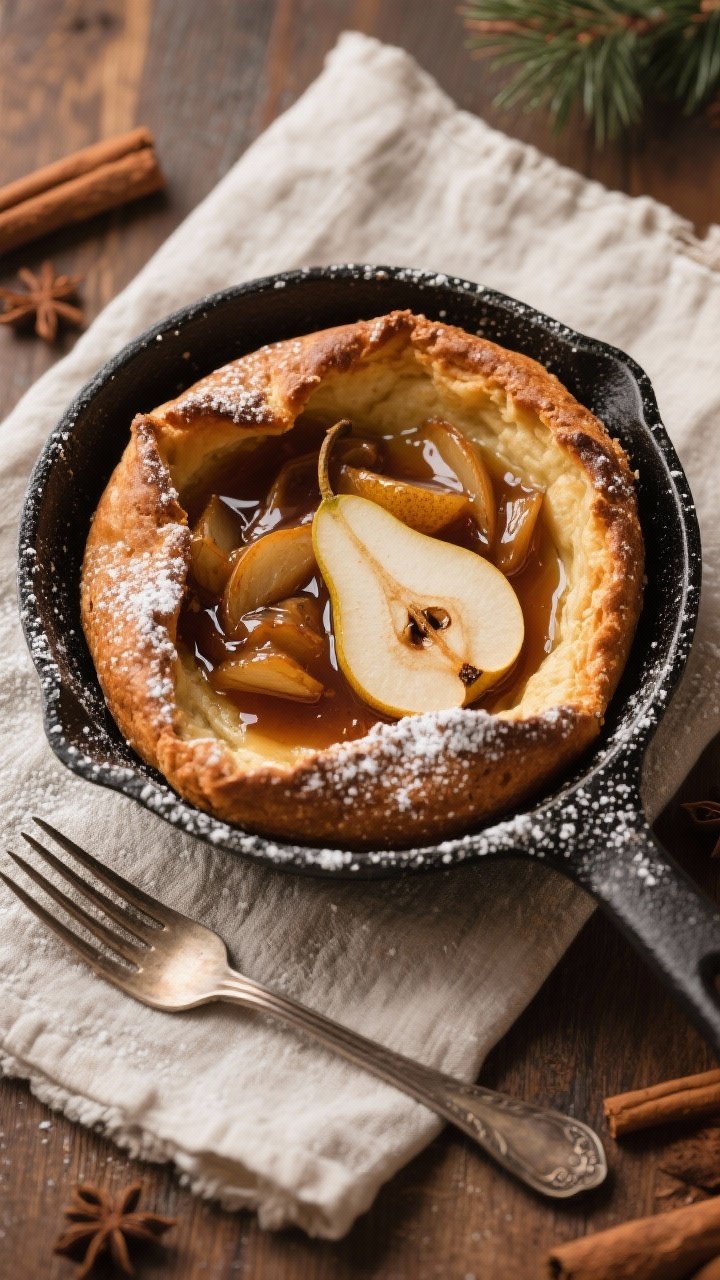Overhead shot of a gingerbread Dutch baby fresh from the oven in a black skillet, dramatically puffed with crisp, darkly spiced edges from molasses, rye flour, and sugar. Topped with a warm maple-pear compote: tender pear slices glistening in maple syrup with a hint of spice, pooling in the center. Dusting of powdered sugar around the rim, warm holiday tones, linen napkin and vintage fork styling.
