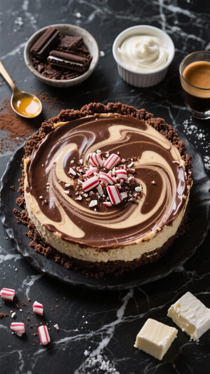 Overhead shot of a Peppermint Mocha Swirl Cheesecake on a dark marble surface: glossy chocolate wafer cookie crumb crust with visible fine crumbs bound by melted butter and a hint of sugar, creamy mocha cheesecake filling marbled with rich coffee-chocolate swirls, garnished with crushed peppermint candy and fine cocoa dust. Include a small bowl of chocolate wafer crumbs, a spoon with melted butter sheen, a ramekin of sour cream, softened cream cheese blocks, and a shot of brewed espresso on the side. Cool wintry mood, high contrast, no people, professional studio lighting highlighting the swirl texture and silky surface.