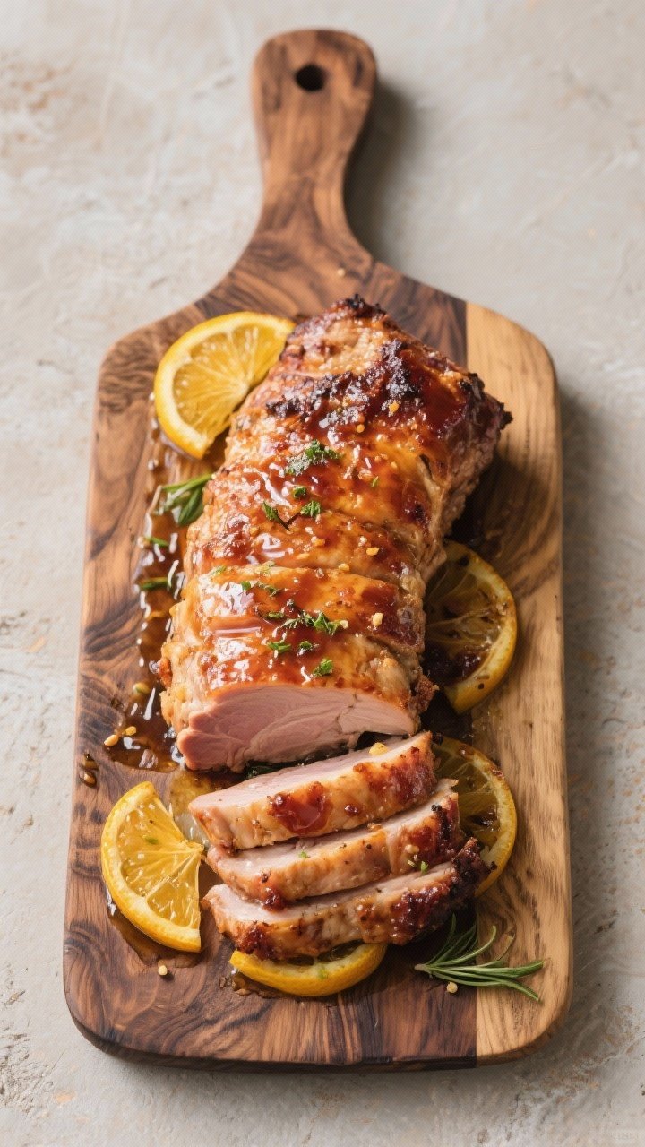 Overhead shot of a Sicilian citrus-glazed roast pork loin on a carved wooden board: 3–
