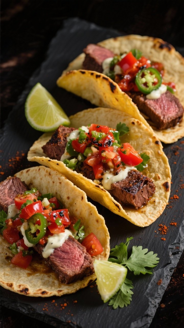 Overhead shot of crispy prime rib street tacos on warm corn tortillas, stuffed with bite-size pieces of leftover prime rib seared in neutral oil with chili powder, ground cumin, and smoked paprika, topped with charred tomato-jalapeño salsa and drizzled with lime crema; garnished with fresh cilantro and lime wedges on a dark slate board, slight char and caramelization visible on the beef, bright reds and greens popping against a moody background, professional studio lighting, no people.