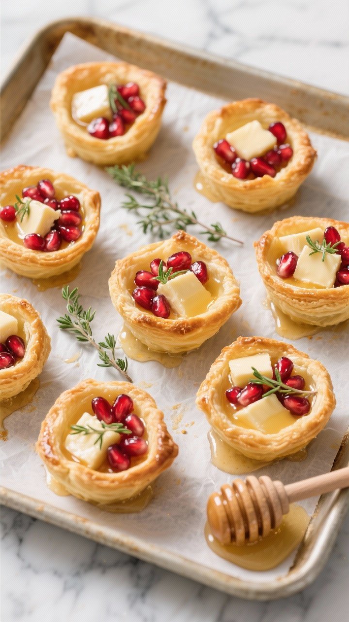 Overhead shot of golden puff pastry bites fresh from the oven on a parchment-lined sheet pan: each cup filled with melted brie cubes, glistening pomegranate arils, a drizzle of honey pooling in the flaky layers, and specks of fresh thyme leaves; egg-washed sheen visible on the pastry; extra thyme sprigs and a small honey dipper nearby on a cool marble surface; bright, festive, crisp lighting emphasizing contrast between ruby arils and buttery pastry.