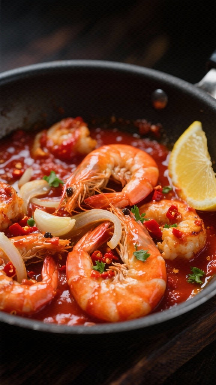 Straight-on action shot of Shrimp Fra Diavolo in a shallow skillet: large shrimp curled and glossy, coated in a fiery tomato-chile sauce with visible red pepper flakes, thinly sliced garlic and a few translucent shallot strands, shimmering in olive oil; bright, saucy reds with a hint of char, a lemon wedge at the edge and a sprinkle of chopped parsley for contrast; moody, dramatic side light emphasizing heat and gloss.