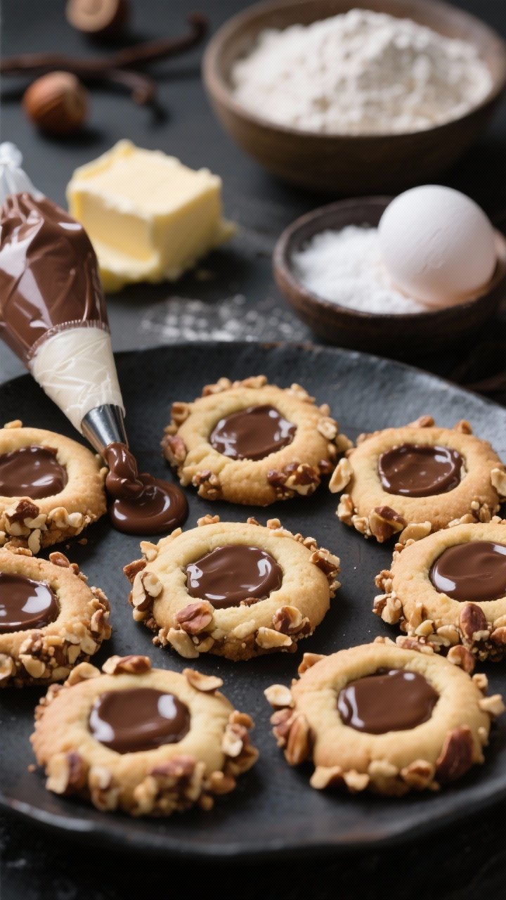 Straight-on close-up: Nutella thumbprints with glossy chocolate-hazelnut centers, rims rolled in chopped hazelnuts for crunch; cookies arranged on a dark ceramic plate, a piping bag tip smudged with Nutella nearby; ingredients in soft blur—unsalted butter, granulated and powdered sugar, separated egg with the white in a small bowl, vanilla, all-purpose flour; rich, indulgent mood.