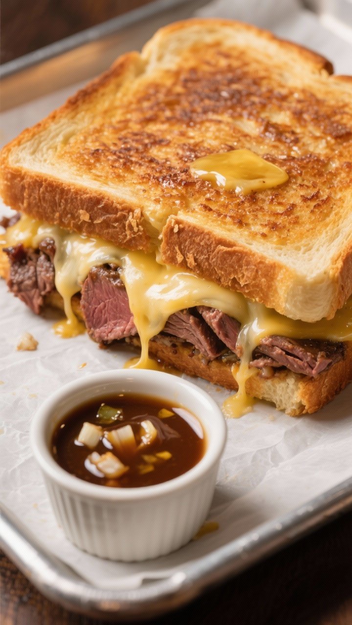 Straight-on close-up of a French dip grilled cheese, golden-brown crusty bread brushed with softened butter, oozing melted cheese over thinly sliced leftover prime rib; served with a small ramekin of glossy au jus made from sautéed minced shallot and garlic in butter and olive oil, placed on a parchment-lined tray; strands of cheese stretching at the cut, beef layers visible, deep mahogany jus catching light, cozy deli-style vibe.