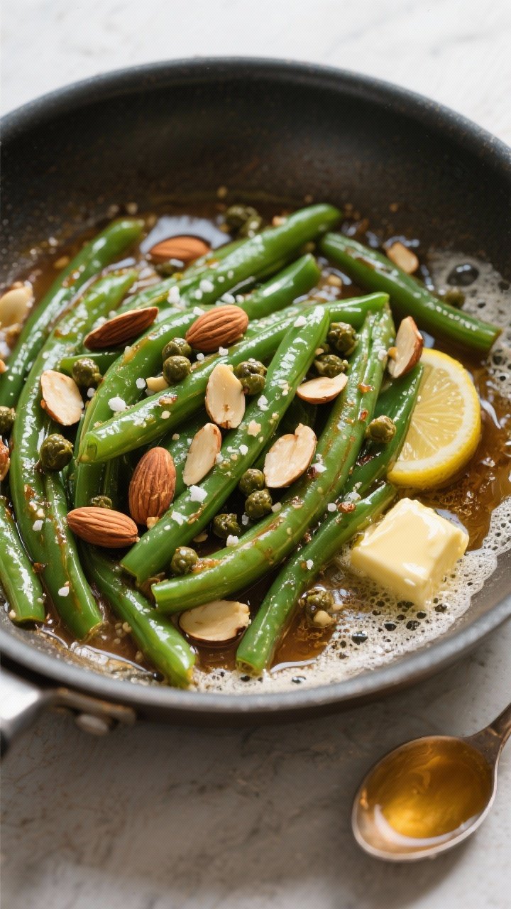 Straight-on close-up of green bean almondine in a shallow sauté pan: vibrant green beans glistening in browned butter, scattered with toasted sliced almonds and briny capers, finished with a light lemon juice splash and a sprinkle of kosher salt and pepper. Butter foam captured around edges, lemon half and tiny pool of beurre noisette in a spoon at side. Crisp, appetizing sheen.