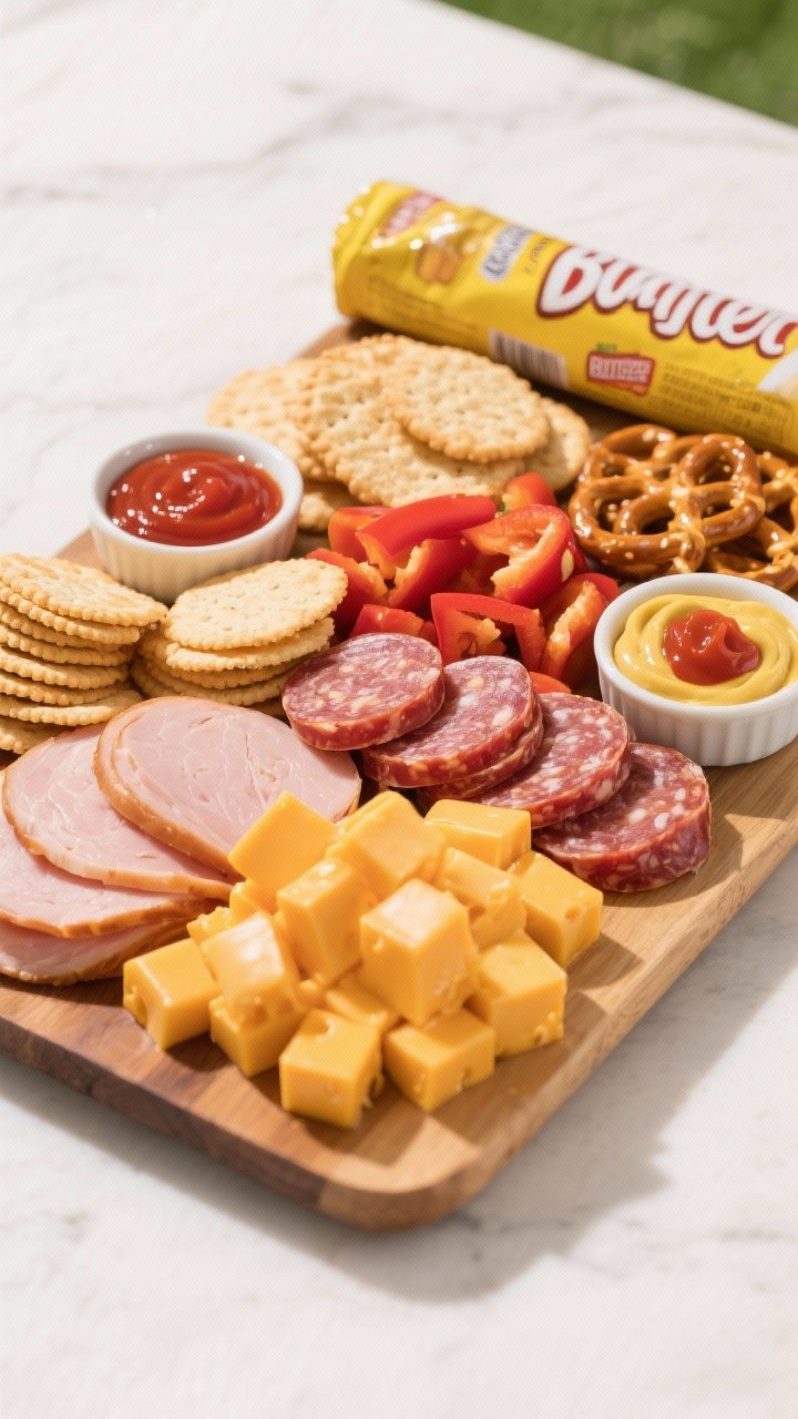 Straight-on family-friendly snack board with bold, graphic blocks of color: cubed sharp cheddar and cubed colby jack piled high; neat slices of pepper jack; rounds of summer sausage; rolled deli turkey; a sleeve of butter crackers partially fanned and a sleeve of pretzel crisps stacked; small bowls of ketchup and honey mustard for kid appeal; bright, even light and minimal shadows for a cheerful, approachable look; focus on crisp edges and snackable textures.