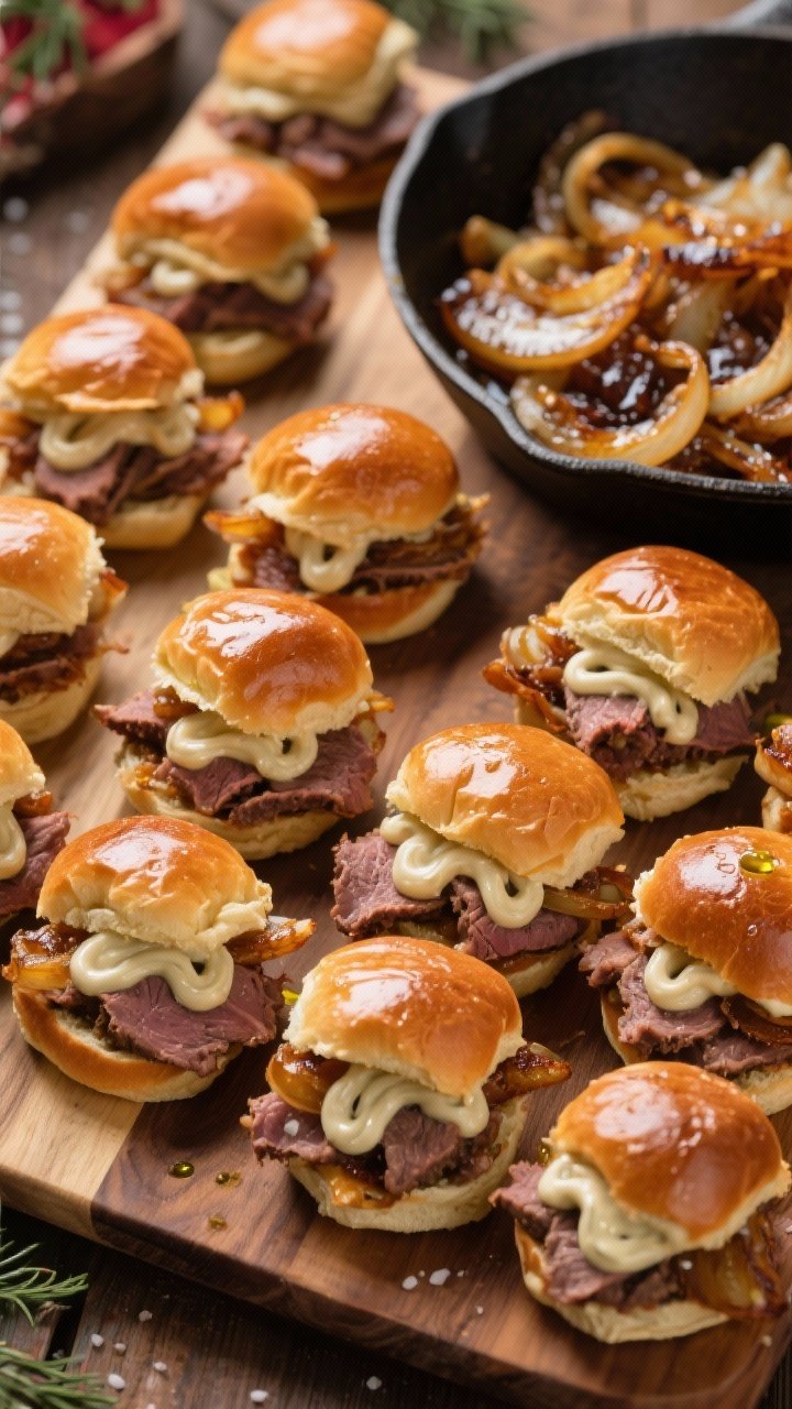 Straight-on hero shot of holiday beef sliders: caramelized onions piled onto thinly sliced roast beef inside shiny Hawaiian or brioche slider buns, with creamy horseradish sauce swirled and barely spilling from the edges; 12 minis arranged on a wooden board, a skillet of jammy onions (with a hint of sugar and salt) off to the side; glossy tops lightly brushed with olive oil; cozy, warm lighting suggesting party-ready abundance.