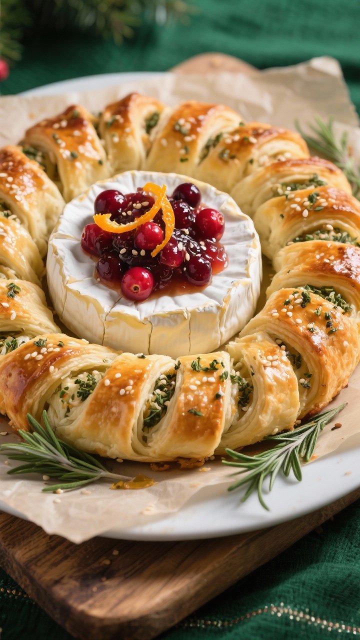 Straight-on plated presentation: A festive baked brie wreath made from herbed puff pastry twists encircling an 8 oz wheel of brie, the pastry lacquered with egg wash, speckled with fresh thyme, finely chopped rosemary, and sesame (or poppy) seeds; a jewel-toned cranberry-orange chutney mounded atop the warm brie, visible zest threads and cranberry chunks; flaky pastry layers catching the light; set on a parchment-lined sheet over a rustic wood board; holiday-green linens in the background, crisp studio lighting.