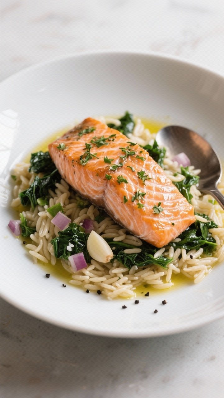 Straight-on plated presentation of herbed salmon over holiday orzo and greens: flaky salmon fillet with herb flecks perched atop glossy orzo cooked in broth, studded with wilted greens, finely chopped onion, and minced garlic; a drizzle of olive oil catching light, kosher salt and black pepper visible as finishing sprinkles; served in a wide white bowl with a spoon resting at the rim.