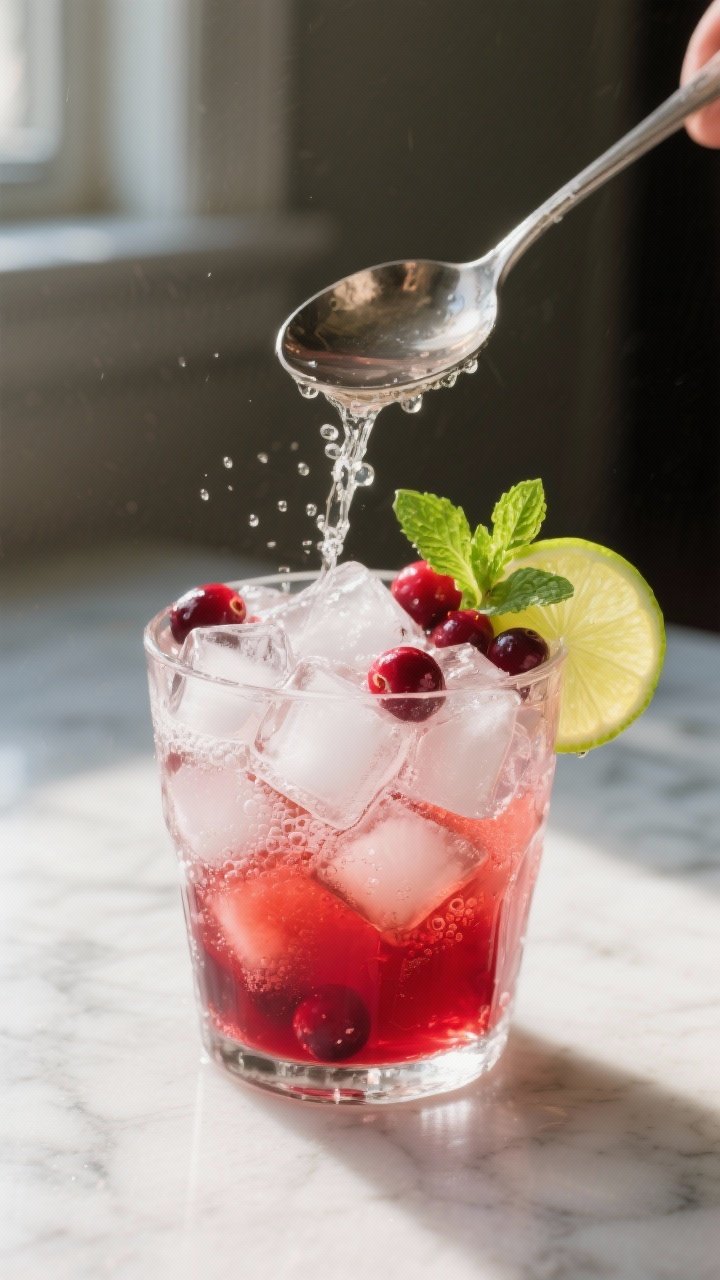 Close-up detail: A chilled glass ladle pouring sparkling Cranberry Lime Punch into a clear tumbler p