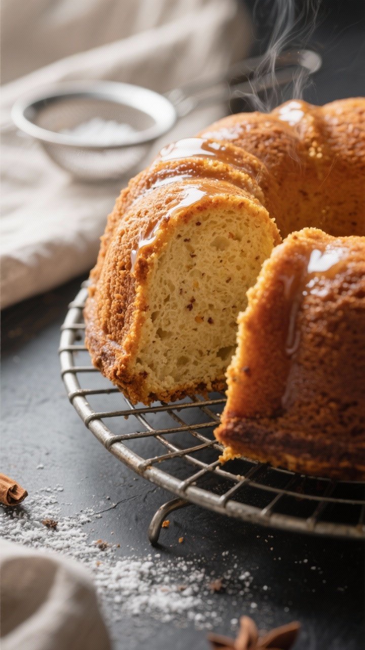 Close-up detail: A freshly baked sherry bundt cake just turned out onto a cooling rack, still warm a