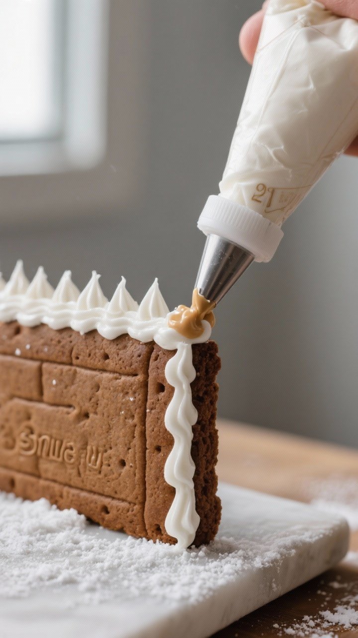 Close-up detail, cooking process: Thick “glue” royal icing at peanut-butter consistency being pi