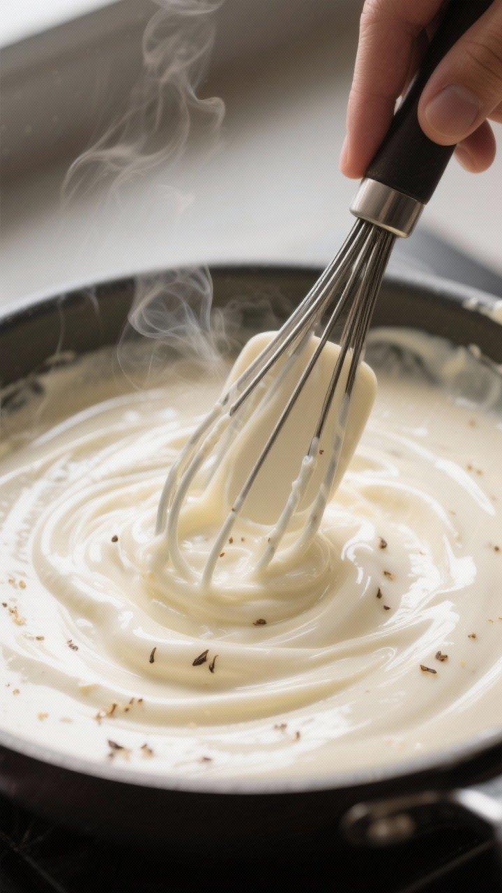 Close-up detail/cooking process: Thick vanilla pudding being whisked to a glossy, gently bubbling fi