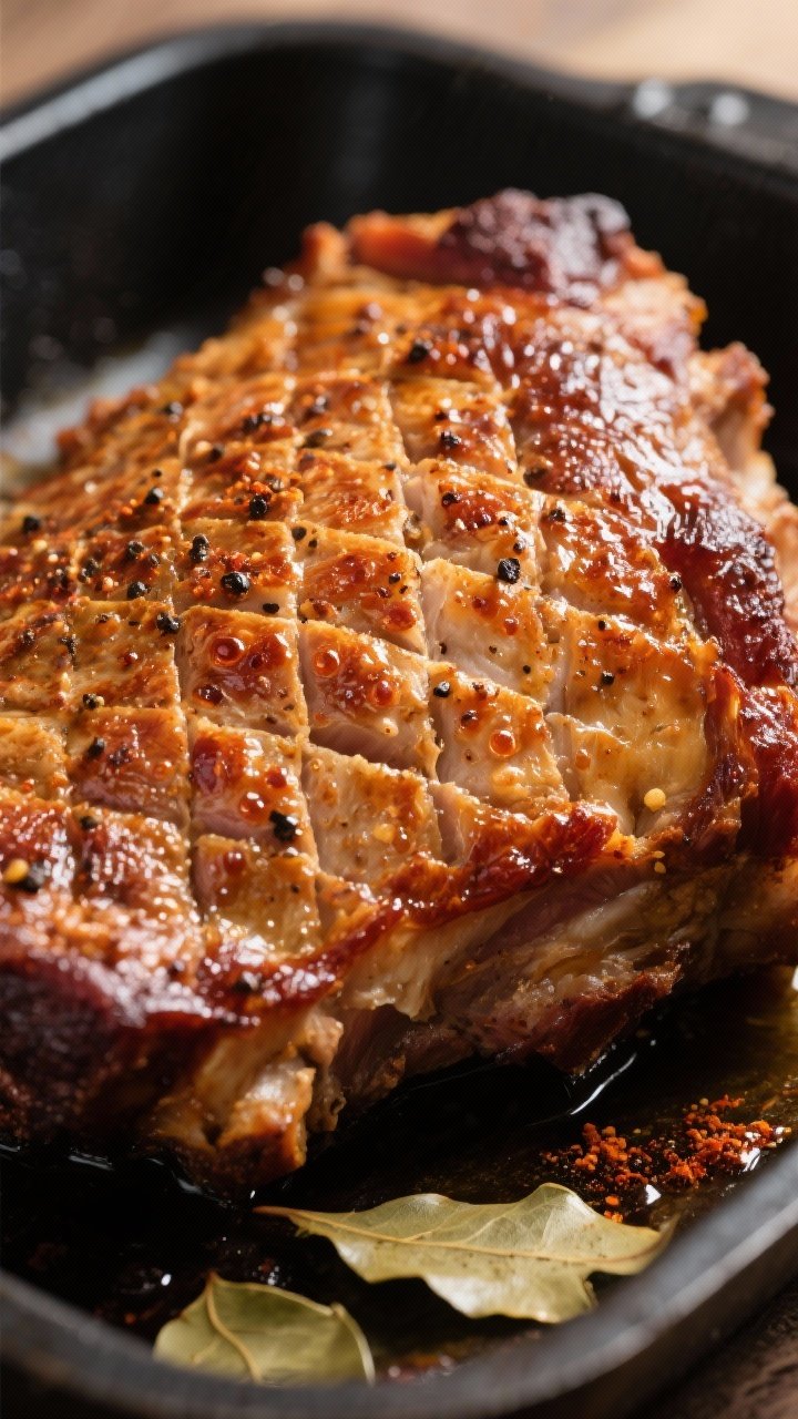 Close-up detail: Crackly pernil skin just out of the oven, blistered and golden-brown with tiny bubb