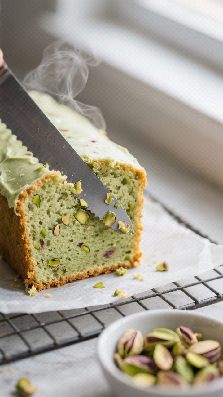 Close-up detail of a freshly baked pistachio loaf cake slice being lifted from a cooling rack, showi
