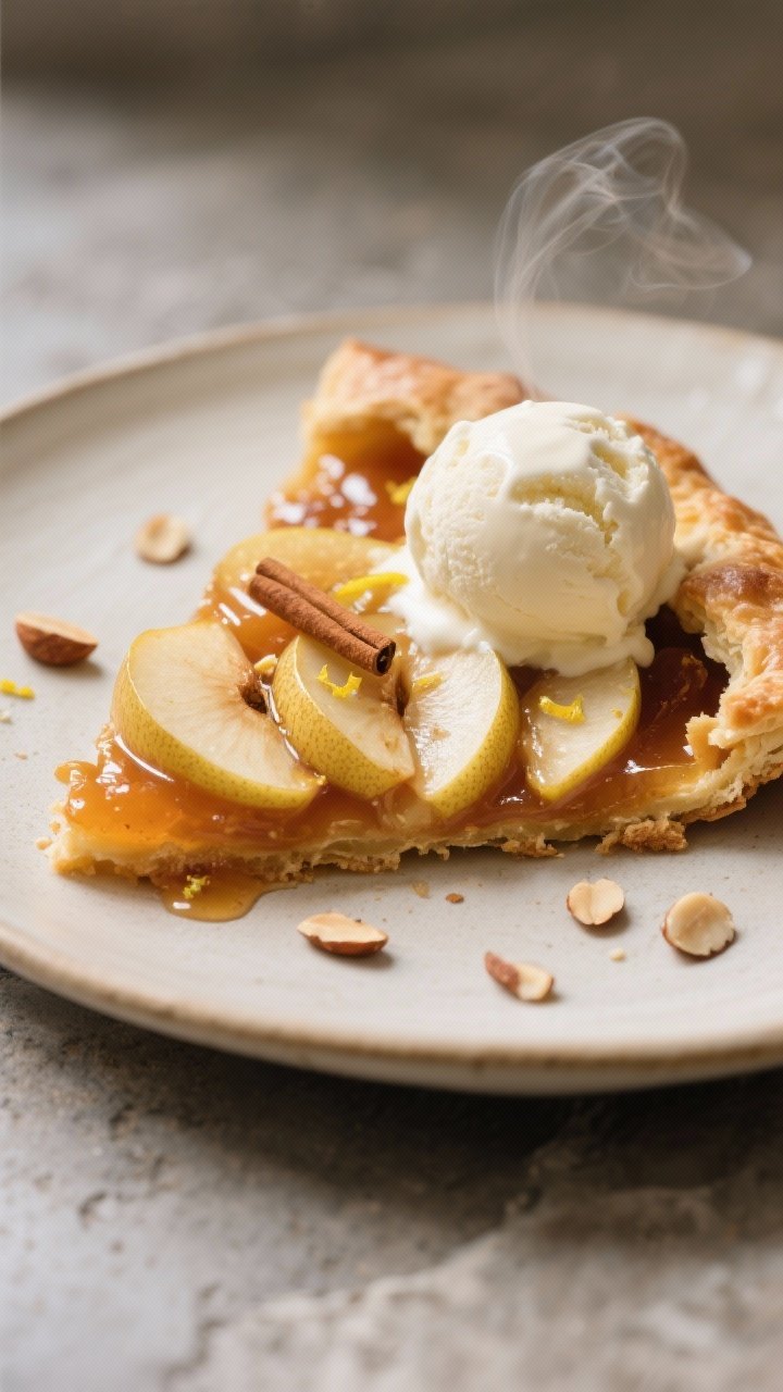 Close-up detail of a warm apple–pear galette slice plated with a melting scoop of vanilla ice crea