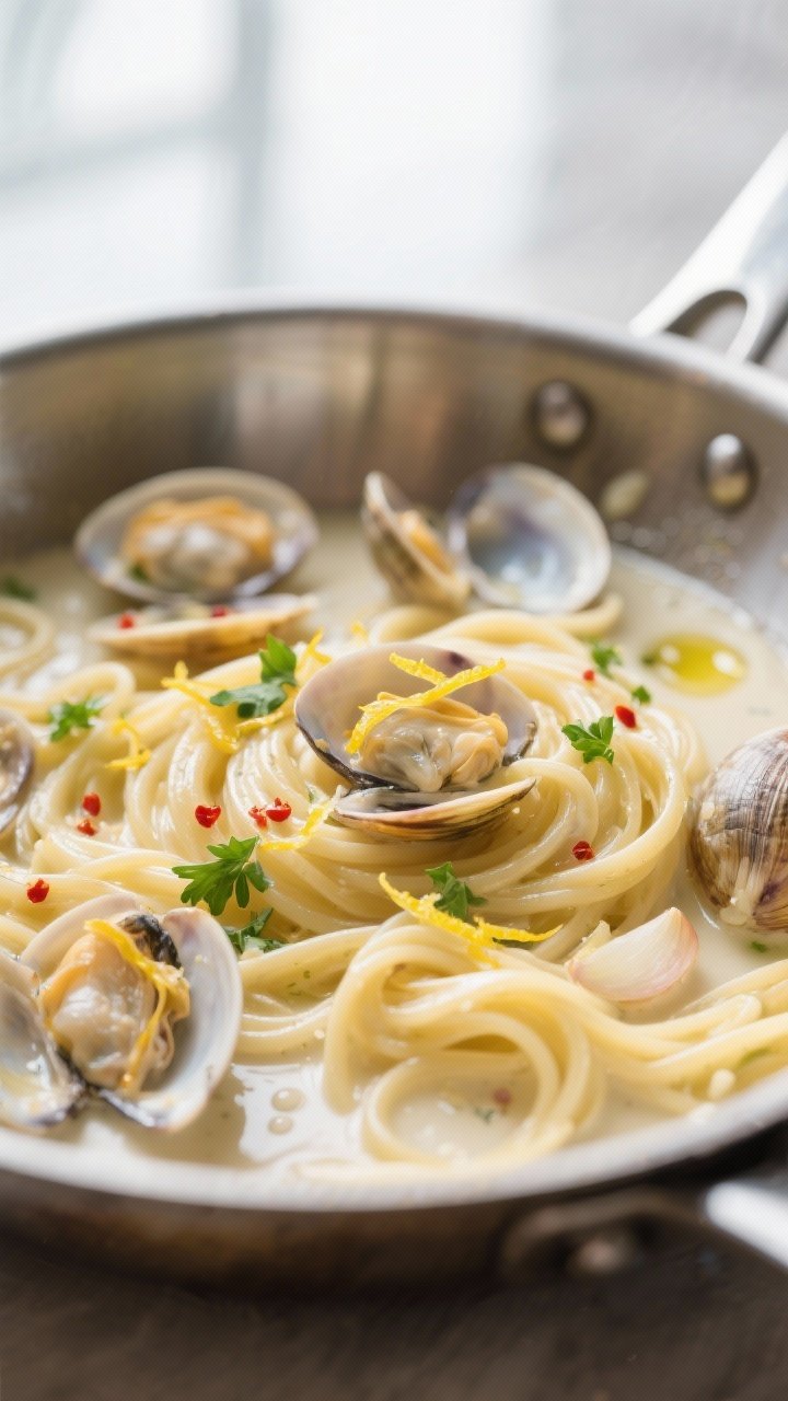 Close-up detail of glossy linguine tossed in white clam sauce in a wide stainless skillet, showing j