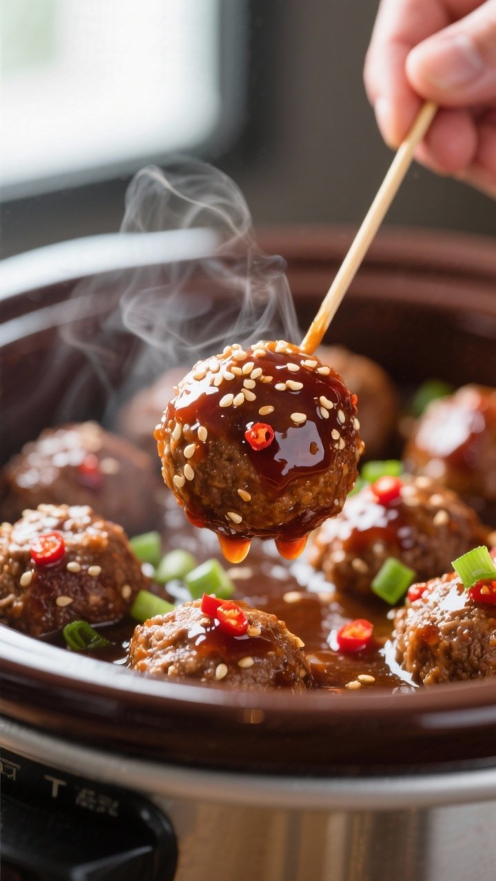 Close-up detail shot: A glossy meatball speared with a toothpick being lifted from a slow cooker, co