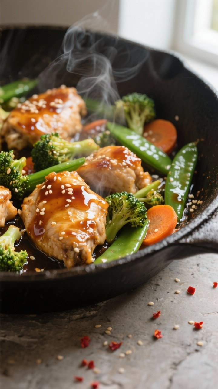 Close-up detail shot: Glossy honey-garlic chicken and broccoli sizzling in a wide skillet during the