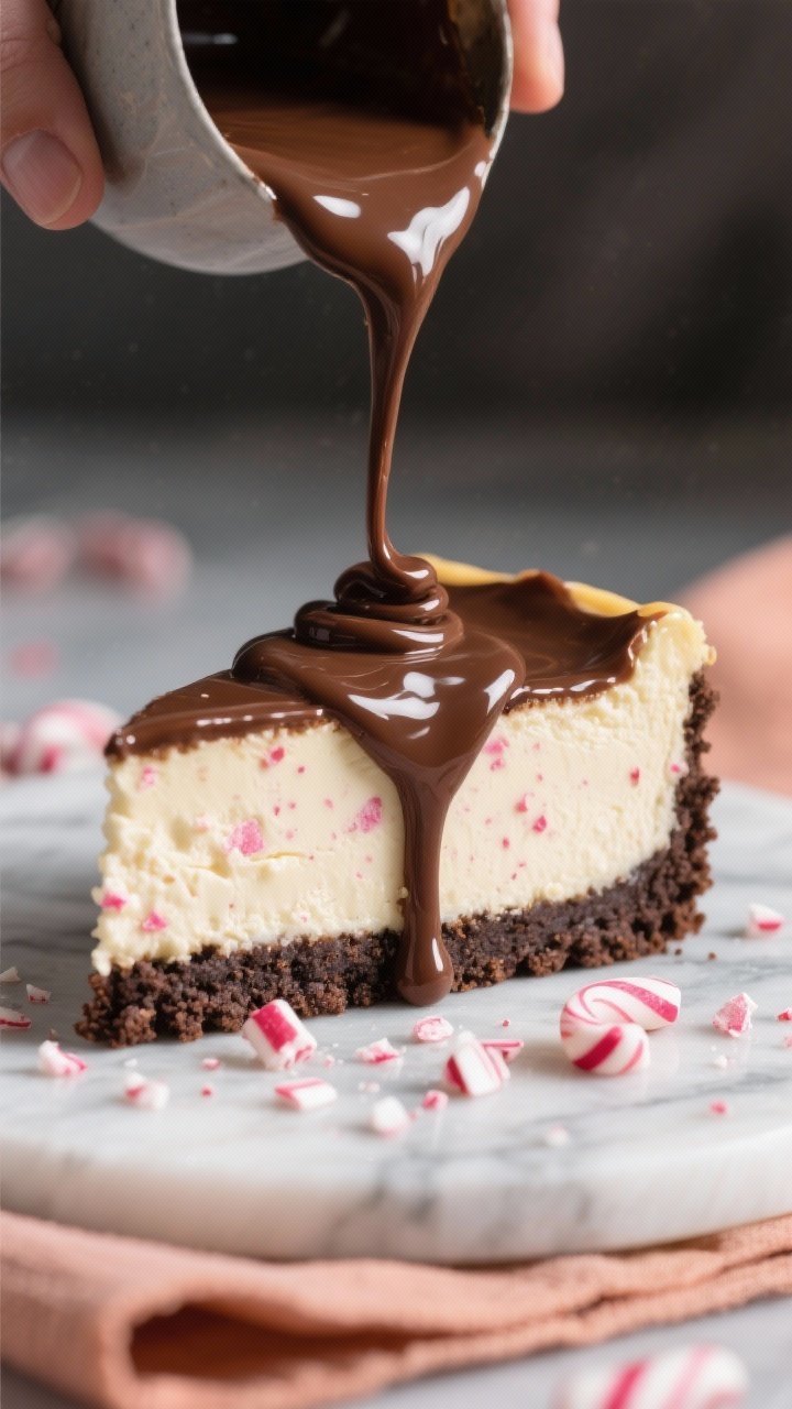 Close-up detail shot of a chilled peppermint cheesecake slice being topped with silky semi-sweet cho