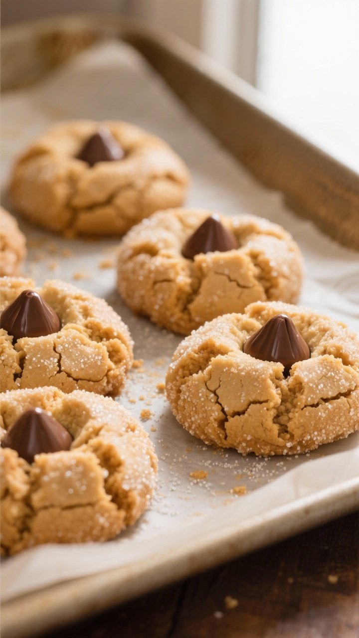 Close-up detail shot of freshly baked peanut butter blossom cookies just out of the oven on a parchm