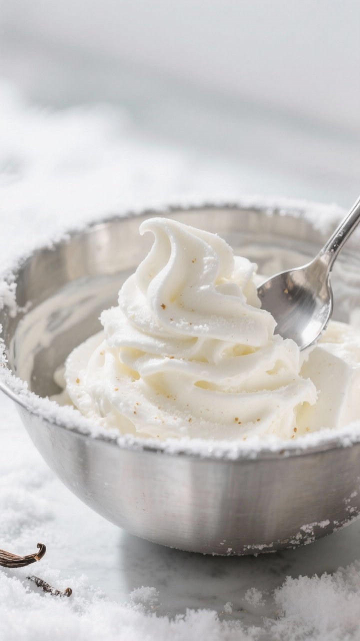 Close-up detail shot of freshly prepared vanilla snow ice cream being gently folded in a frost-kisse