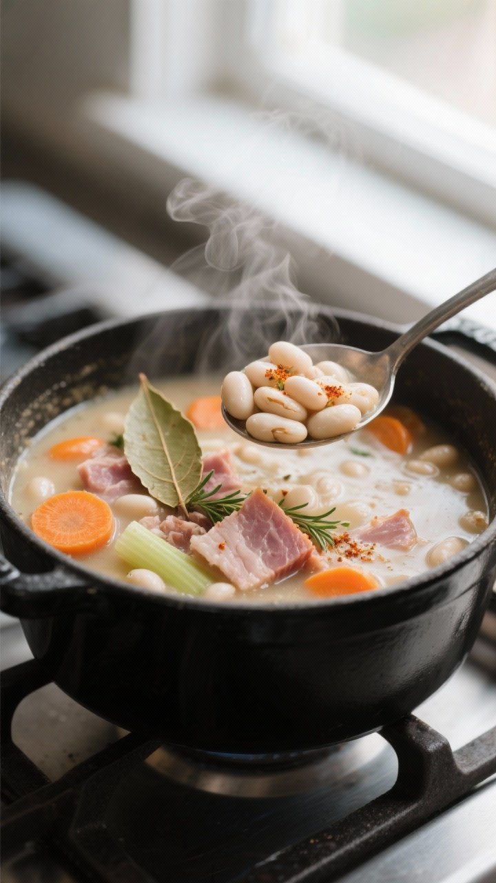Close-up detail shot of ham and bean soup simmering in a matte black Dutch oven: creamy white beans 