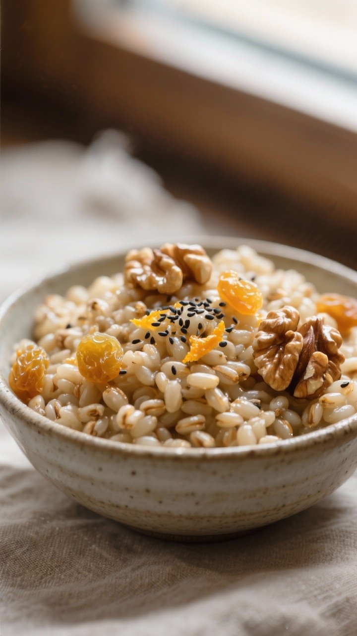 Close-up detail: Warm kutia made with tender-chewy wheat berries glistening with warmed honey, studd