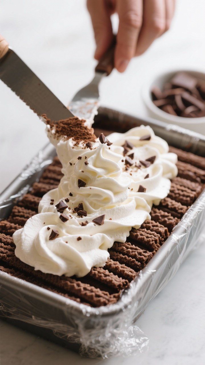 Close-up process shot of a mocha whipped cream layer being smoothed over a neatly arranged layer of