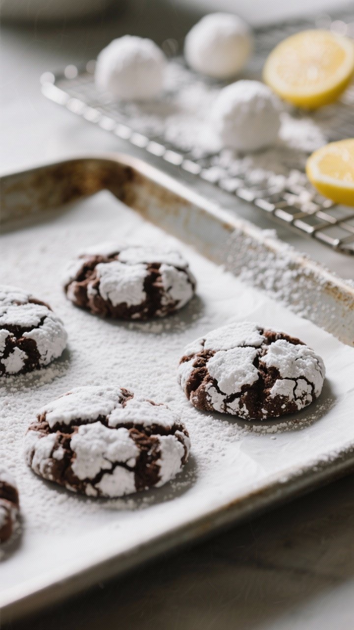 Close-up, process shot of freshly baked chocolate crinkle cookies on a parchment-lined sheet pan bei