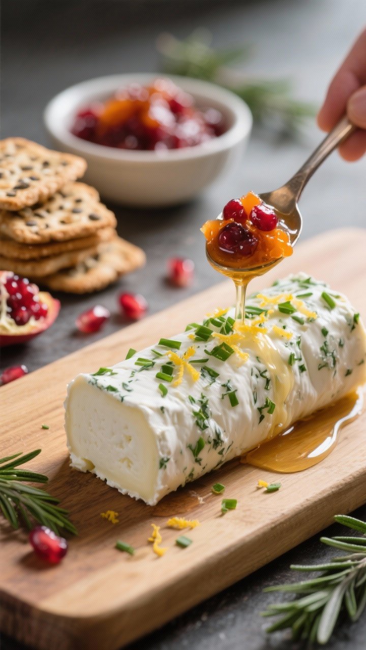 Close-up, shallow depth-of-field detail of the herbed goat cheese log being finished on the board: c