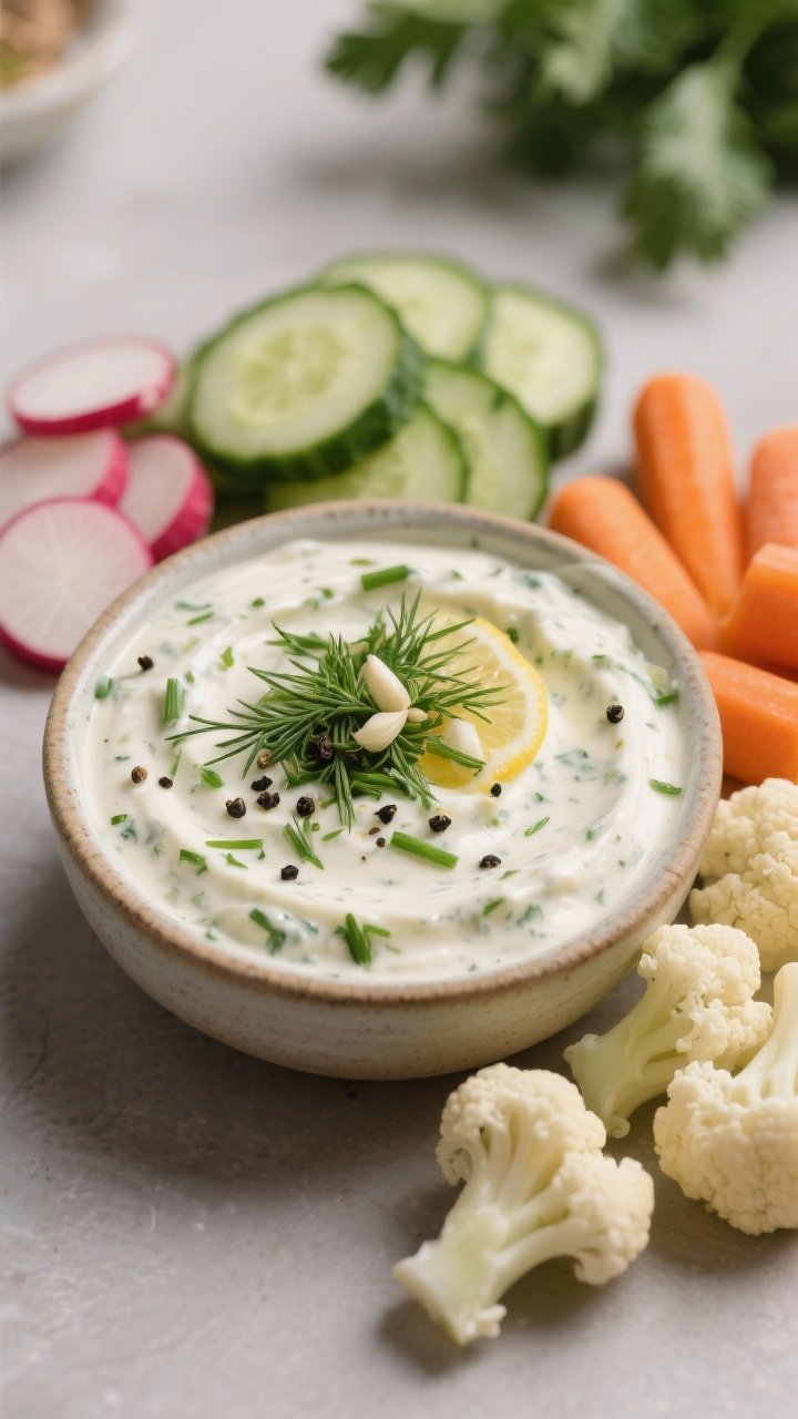 Close-up, three-quarter angle process detail of the creamy herb dip just finished and garnished: a s