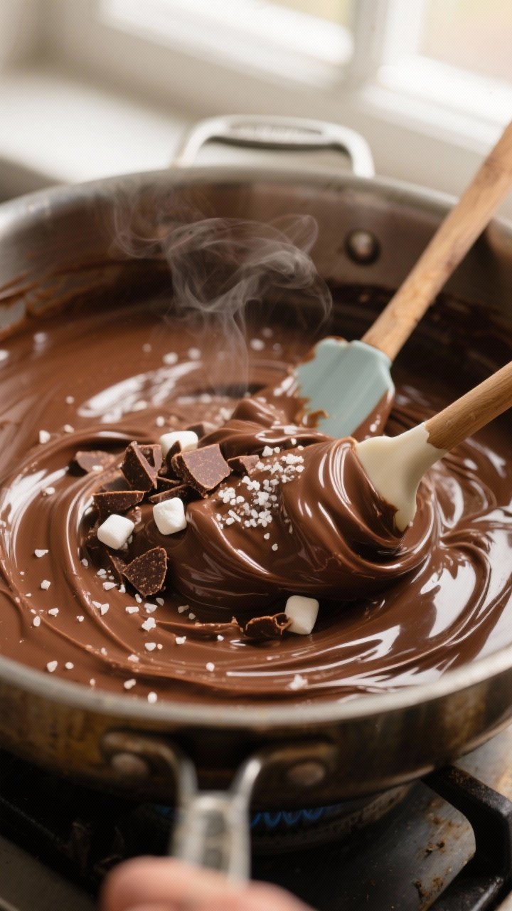 Cooking process close-up: A heavy-bottomed saucepan off the burner with glossy, thick chocolate fudg