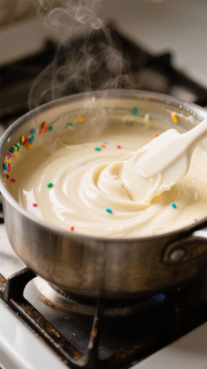 Cooking process close-up: A heavy-bottomed saucepan on a stovetop with the sugar cookie fudge mixtur
