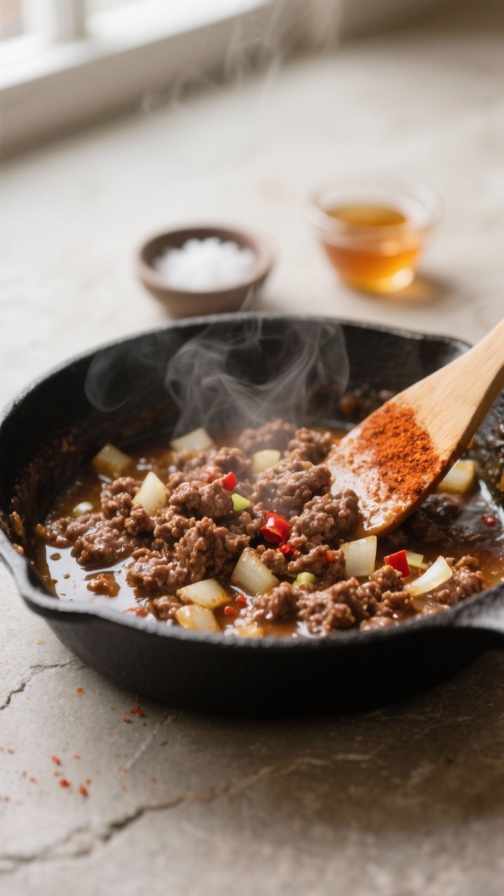Cooking process close-up: Juicy, browned ground beef simmering in a cast-iron skillet with glossy re