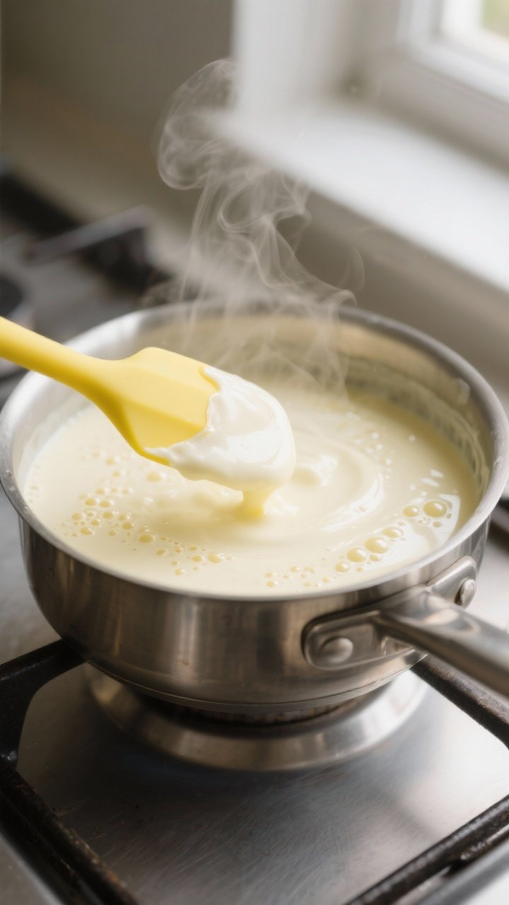 Cooking process close-up: Lemon posset cream at a gentle simmer in a small stainless saucepan, tiny 