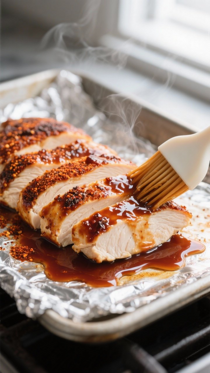 Cooking process close-up: Sliced BBQ-glazed chicken breast just out of the oven, resting on a foil-l