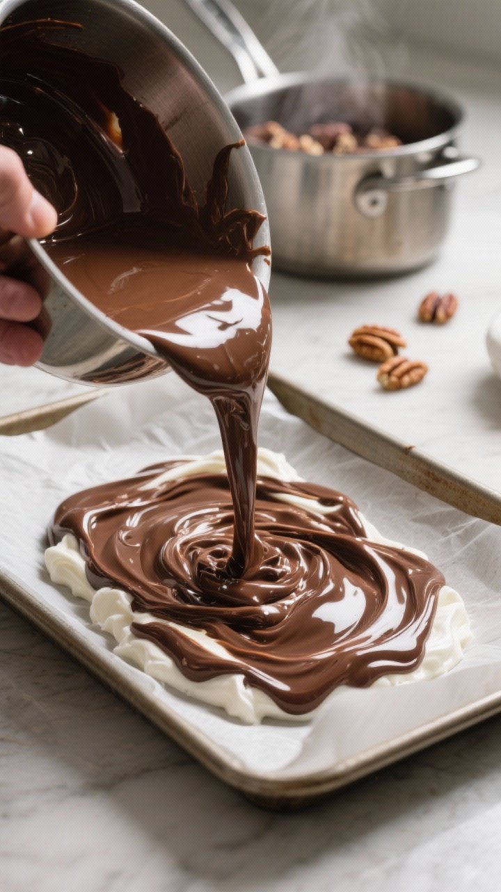 Cooking process close-up: Thick, glossy Fantasy Fudge just off the heat being poured into a parchmen